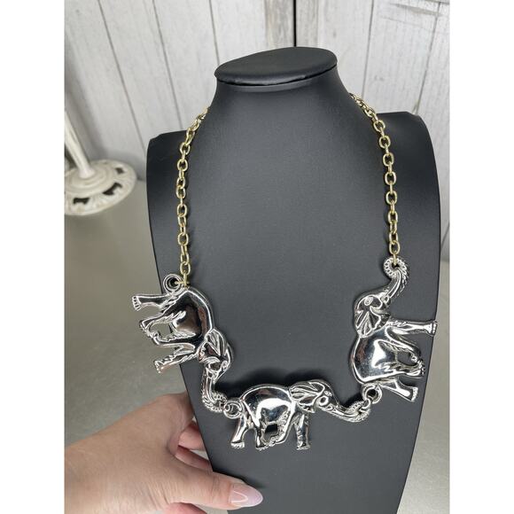 Vintage Elephant Statement Necklace Gold Silver Signed & Mini Elephant Charm - Picture 1 of 4